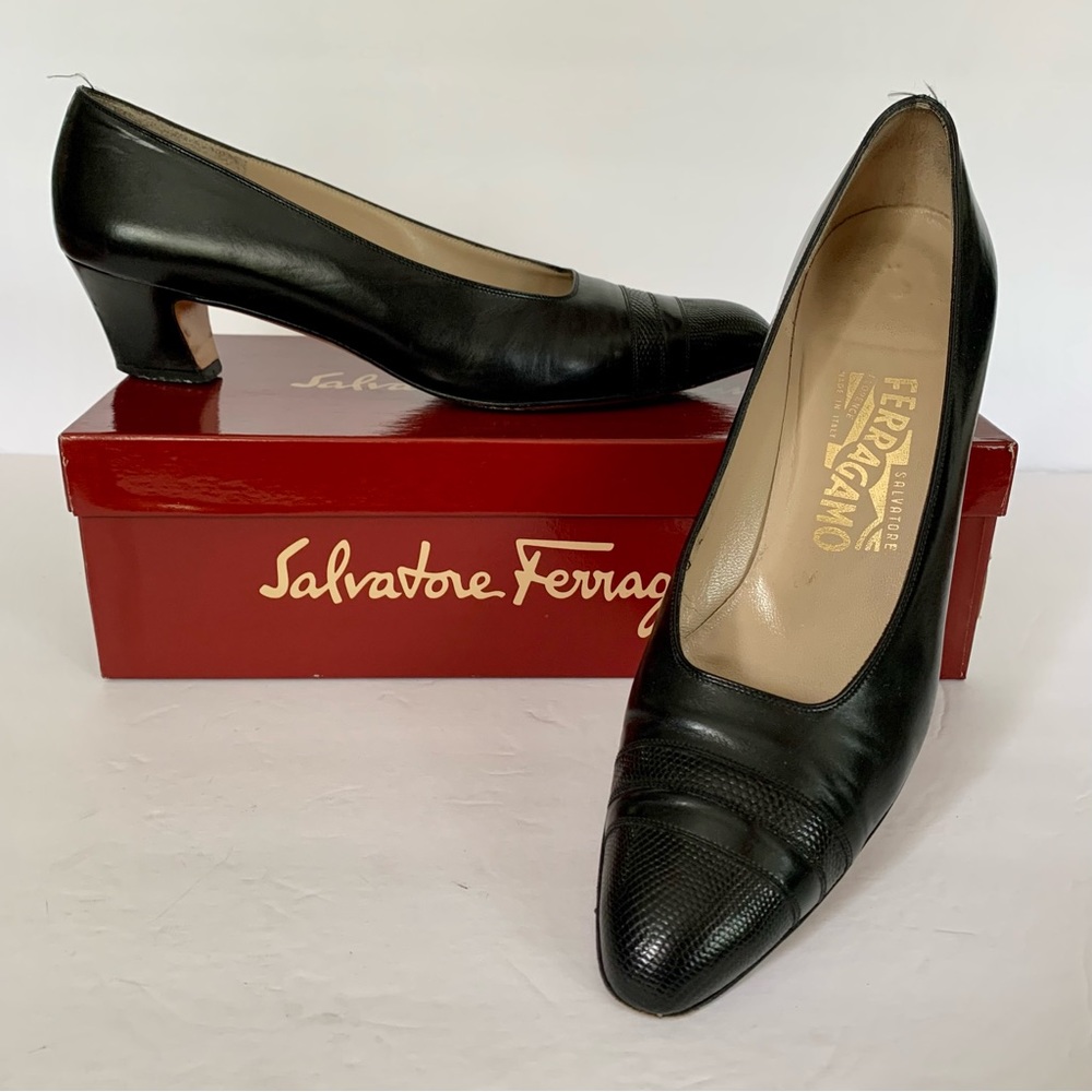 Vintage Black Block Kitten Heel Salvatore Ferragamo Heels w/ Original Box